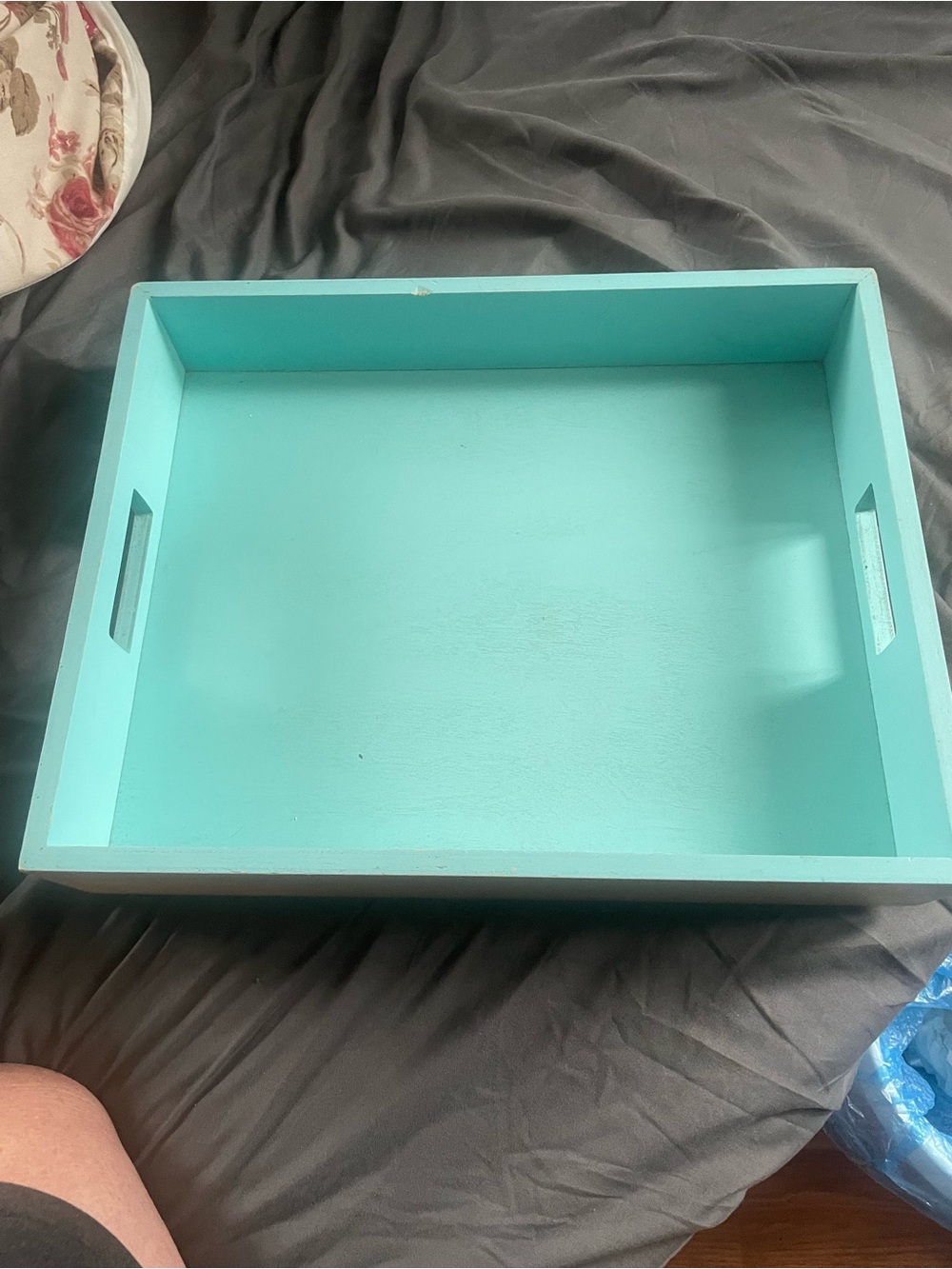 Aqua Wooden Serving Tray with Cutout Handles